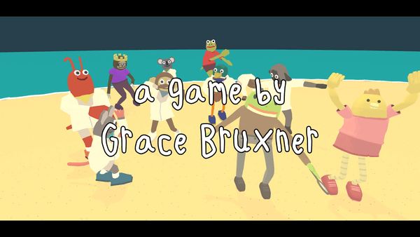 The characters from Frog Detective 1 dancing on the sandy beach. Text: "a game by Grace Bruxner"