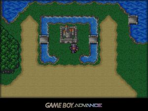 Overworld map with the party standing outside Fabul, a castle town surrounded by a moat with bridges