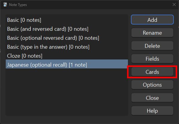 Note types with "Japanese (optional recall)" highlighted, and the Cards button outlined in red.