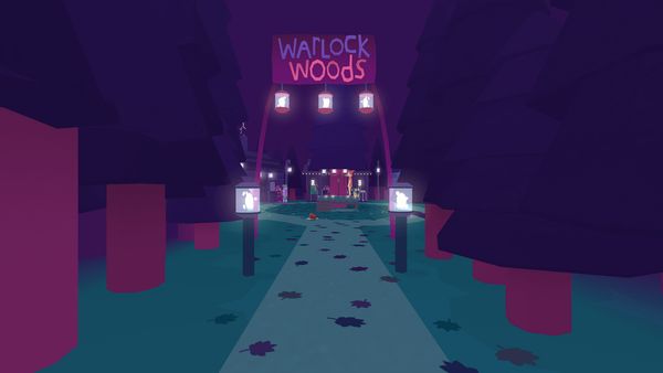 Dark forested path leading to the town of Warlock Woods