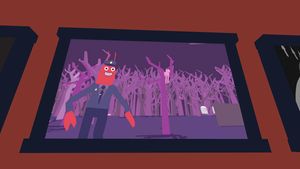 Lobster Cop standing in a skeletal pink forest. In a tree behind him is some kind of horse-like creature with two long front legs danging down. In the background are a couple of white floating ghosts heading behind a wall