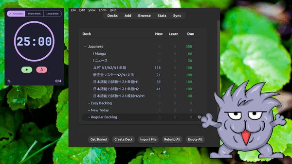 Twitch stream with Anki in the center, my PNGTuber KochiKochi-san in the corner, a pomodoro timer for 25 minutes, and background of rain falling on leaves