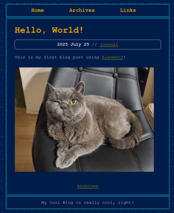 Blog entry "Hello, World!" with the contents of the blog entry above