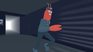 Lobster Cop running dramatically down the office hallway