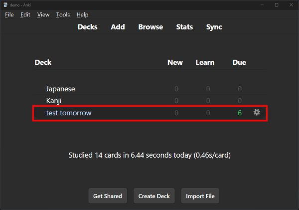 Anki main window showing a new deck with "test tomorrow" in blue and 6 cards due.