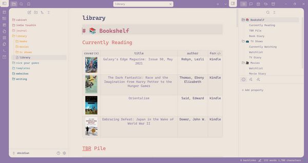 My library page in Obsidian showing some books I was currently reading at the time