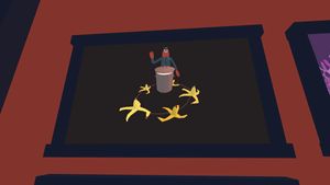 A photo of Lobster Cop standing behind a trash can surrounded by a ring, and five yellow banana peels places equidistantly on the ring