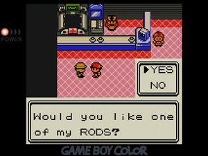 Talking to fisher in a Pokemon Center asking 'Would you like one of my RODS?'