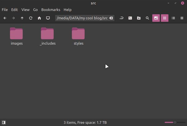 Folder "src" within "my cool blog" with three subdirectories, "images," "_includes," and "styles"