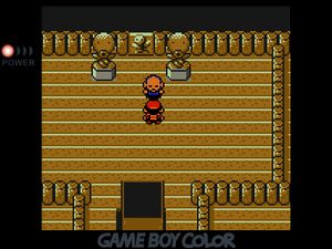 Player standing in front of a sage character in Sprout Tower. On either side of the sage are two large Bellsprout statues, and between them is a large picture of a Bellsprout hanging on the wall