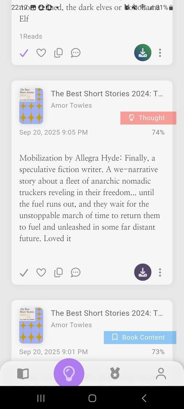 The Notes section of Bookmory showing some notes I have taken from the books I read