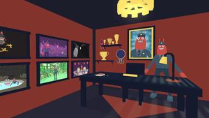 Lobster Cop standing behind his desk inside of his office. Behind him is a huge picture of himself grinning widely, and many trophies and awards. On the left wall are a bunch of photos of Lobster Cop