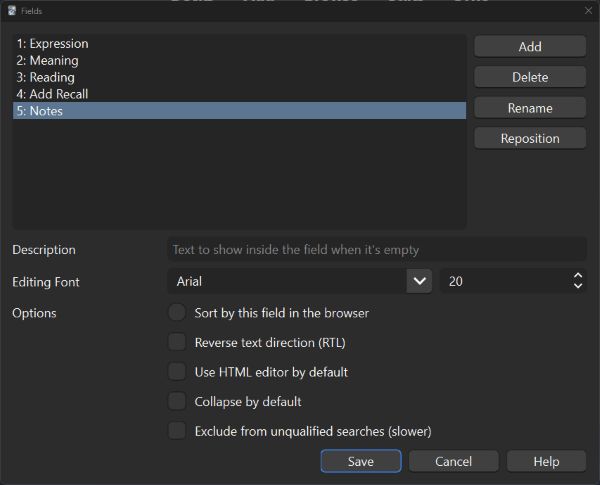 Fields window that shows Expression, Meaning, Reading, Add Recall, Notes fields for the "Japanese (optional recall)" note type