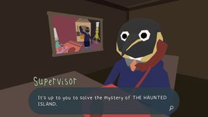 The Supervisor, a penguin, holding up the phone to his ear and saying: 'It's up to you to solve the mystery of THE HAUNTED ISLAND.'