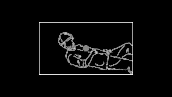 Black screen with squiggly white outlines of a bearded man stretched out on a couch and wearing a hat
