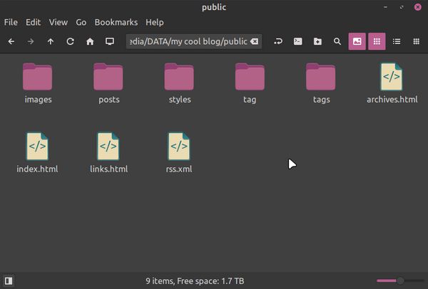 Folder "public" within "my cool blog" with all of the Eleventy exported files