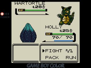 HOLLY the Grass/Ice Gloom facing off against a Wartortle. It is a dull green and its tail is tail is spiky on the end