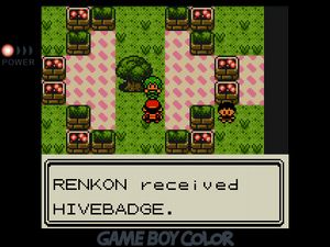 Player in the Azalea City gym that looks like a garden, speaking with Bugsy in the center of the gym. 'RENKON received HIVEBADGE.'