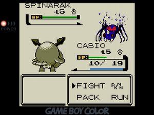 CASIO facing off against a Spinarak colored blue with a ghostly aura and a red mark on its back like a black widow