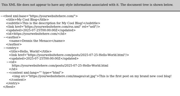 RSS feed for "My Cool Blog" listing the "Hello, World!" entry
