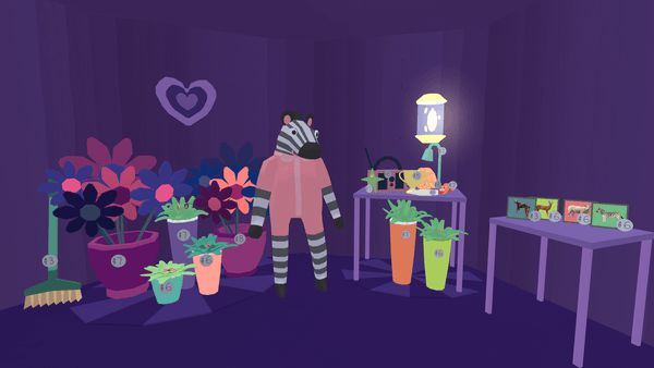 Carlos the zebra standing in his store full of plants, photographs, and other goods. Each item is labeled with a number.
