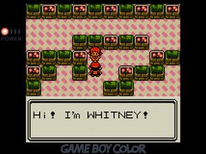 Player standing in front of the Goldenrod City gym leader. 'Hi! I'm WHITNEY!'