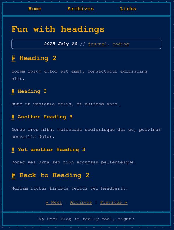 Blog entry with the above content. Next to the headings are hashtags that link to the anchors for those headers