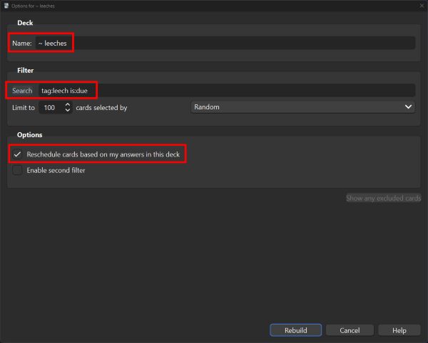 Options for filtered deck for a leech deck with the above parameters filled in