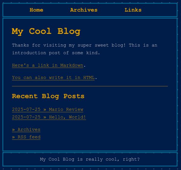 The updated homepage with a link to the "Mario Review" entry under "Recent Blog Posts"