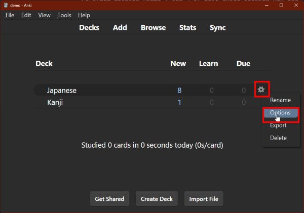 Anki main window showing the gear icon next to the Japanese deck with Options highlighted