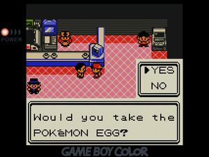 Professor Elm's assistant asking 'Would you take the POKEMON EGG?'