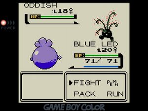 BLUE LED facing off against an Oddish that has sparse red fronds instead of its usual green leaves