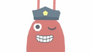 Lobster cop, a lobster wearing a police uniform, grinning hugely and winking one eye