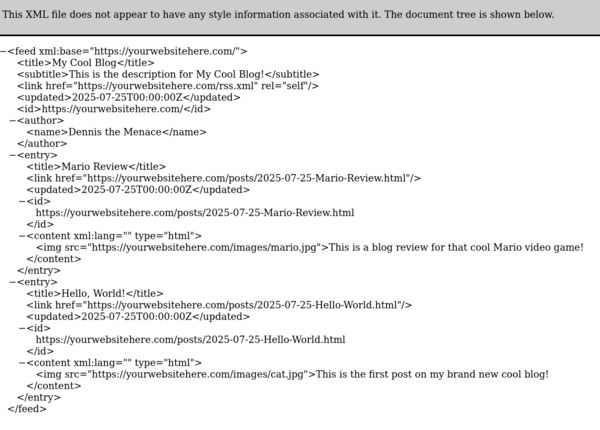 Updated RSS feed showing the new Mario Review post listed more recently than the "Hello, World!" entry