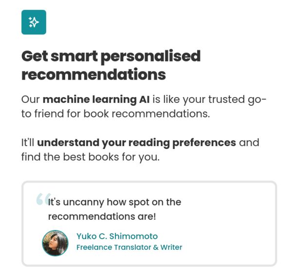 Blurb from the StoryGraph's website about its AI recommendations (text below)