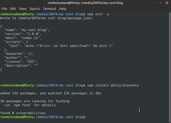 The above commands entered into a terminal, showing Eleventy getting set up