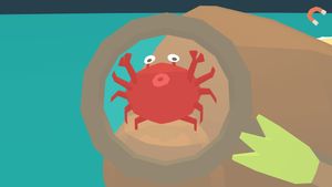 A red crab with pursed lips being distorted through the magnifying glass