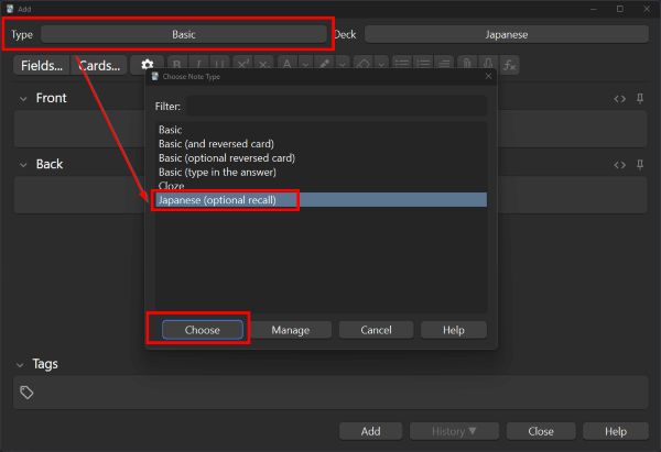 Changing the note type to "Japanese (optional recall)"