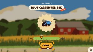 Kabuto Park's bug-catching screen with 'You caught a blue carpenter bee! Cool!' and a cute illustration of one