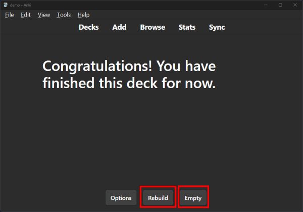 "Congratulations! You have finished this deck for now." screen, with "Rebuild" and "Empty" buttons highlighted.