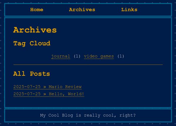 Updated "Archives" page with a new link to "video games" under the Tag Cloud section, and "Mario Review" under All Posts