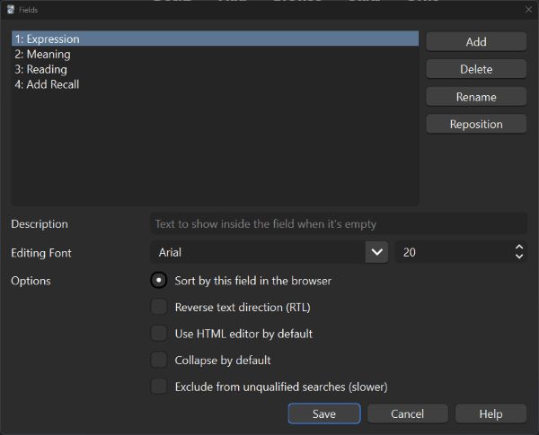 Fields window that shows Expression, Meaning, Reading, Add Recall fields for the "Japanese (optional recall)" note type