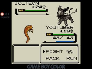 YOUTUBER facing off against Jolteon, which is covered in metal gray panels