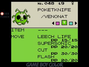 Green aphid-looking Venonat named POKETKNIFE with the HM moves Cut and Flash