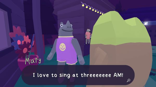 Frog Detective talking with Mary the fabulous gray rhinoceros. Mary: "I love to sing at threeeeeeeeeeeee AM!"