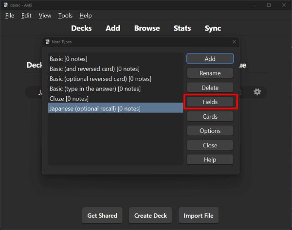 "Japanese (optional recall)" note type highlighted with Fields button in red