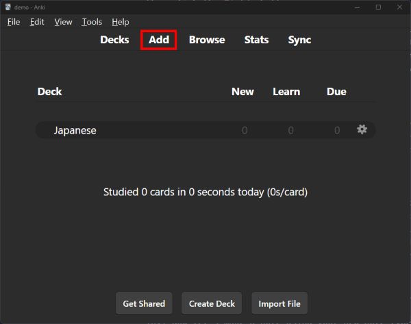 Main Anki window with "Add" button in red