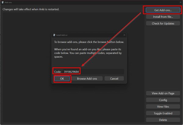 Entering add-on code to Anki