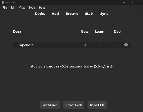 Anki main window with one new card to study in the Japanese deck