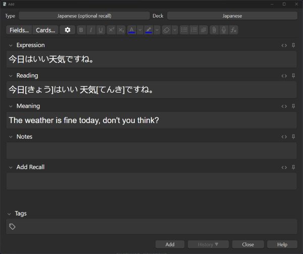 The sentence "The weather is fine today, don't you think?" in Japanese, then the reading, and then English